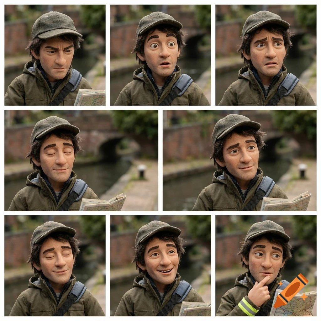 A multi-panel image showing a stop-motion style animated male character with dark hair and a cap, making various facial expressions while holding a map.
