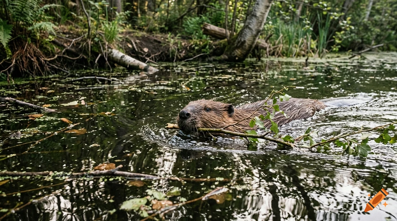 A beaver swims through a calm river or pond holding a branch in its mouth, surrounded by lush green foliage and trees.