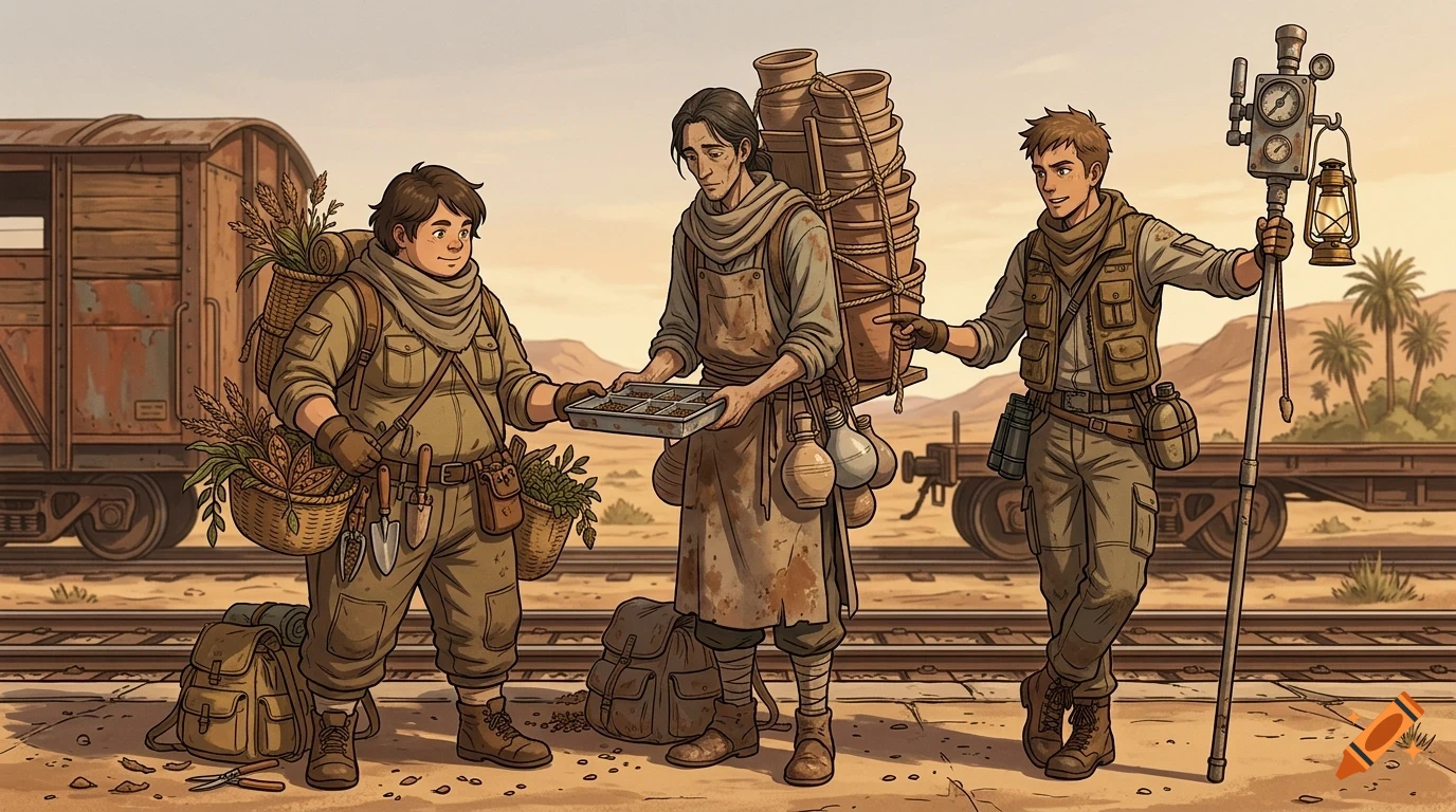 Three people in utilitarian clothing outdoors near a railroad track, with one holding a tray.