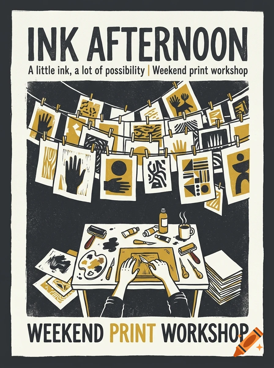 An illustration of a printmaking workshop with hands carving a block at a table, prints hanging on a string above, and text reading INK AFTERNOON.