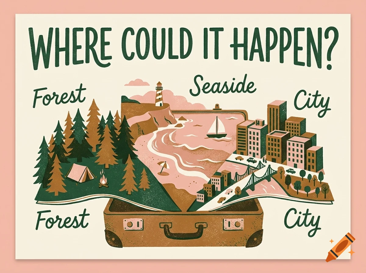 An illustrated poster with the text "Where Could It Happen?" featuring an open suitcase revealing miniature scenes of a forest, a seaside, and a city.