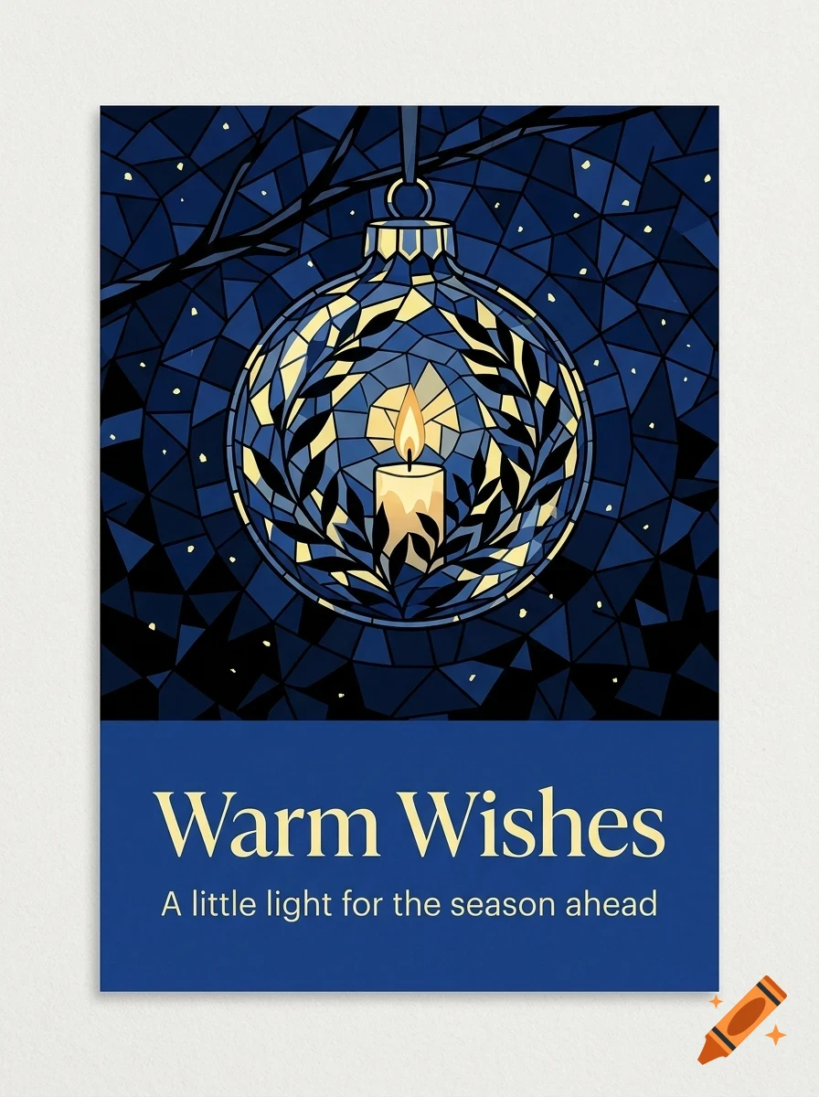 A greeting card featuring a stained glass-style illustration of a burning candle inside a hanging Christmas ornament, with the text Warm Wishes below.