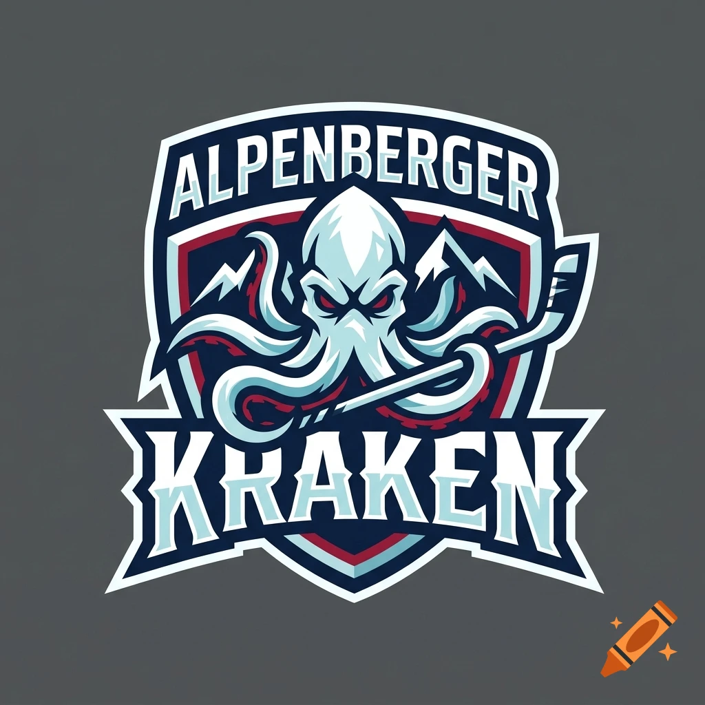 Hockey team logo featuring a stylized white kraken with a hockey stick, mountains, and the text 'Alpenberger Kraken'.