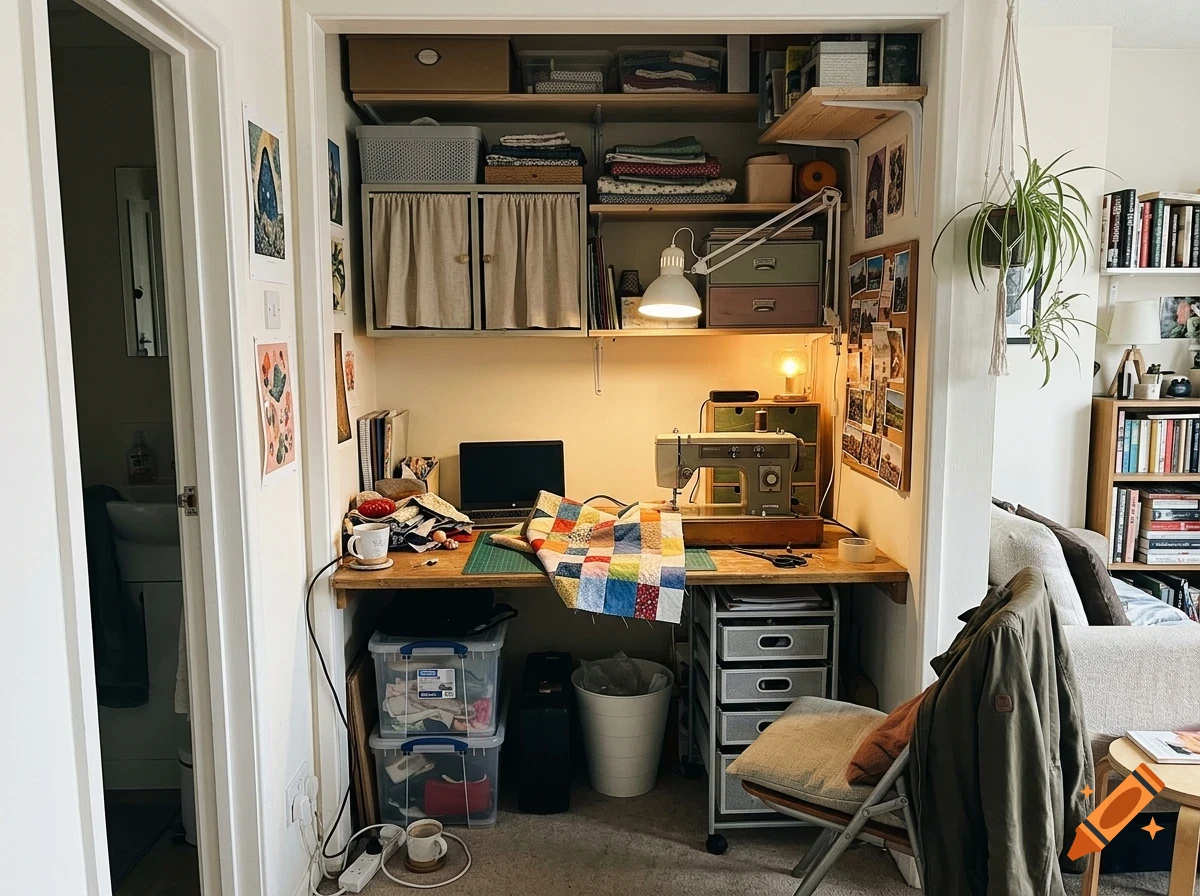 A cozy, well-organized craft space tucked into a small closet, featuring a sewing machine, laptop, and colorful quilt scraps on a wooden desk.