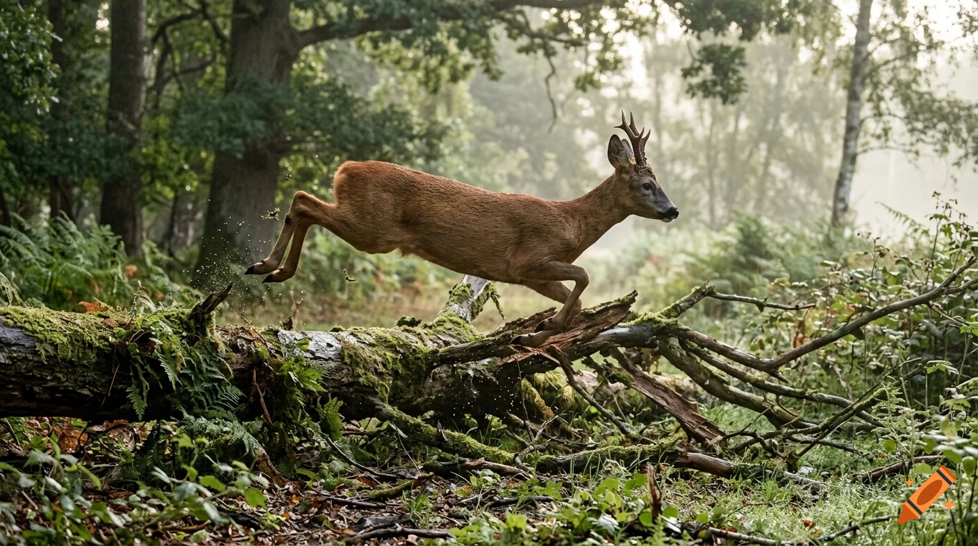 A deer leaping over a mossy fallen log in a lush forest.