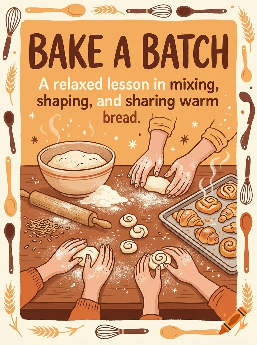 An illustrated baking scene with hands shaping dough, a bowl, a rolling pin, and baked pastries, accompanied by the text BAKE A BATCH.