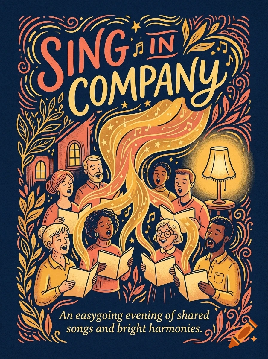 An illustrated poster showing a diverse group of people singing together from songbooks, surrounded by swirling musical notes and warm decorative patterns.