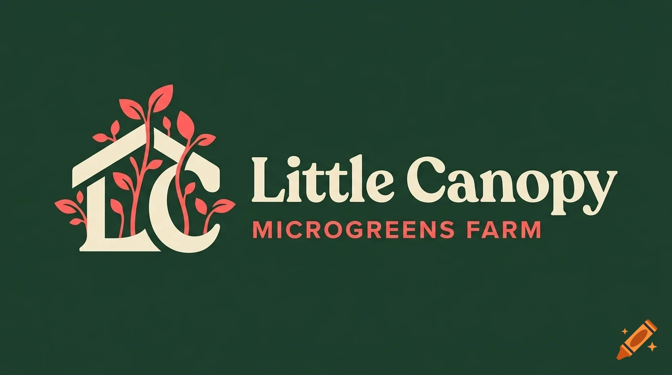 A logo for Little Canopy Microgreens Farm featuring a house-like LC monogram entwined with red plants on a dark green background.