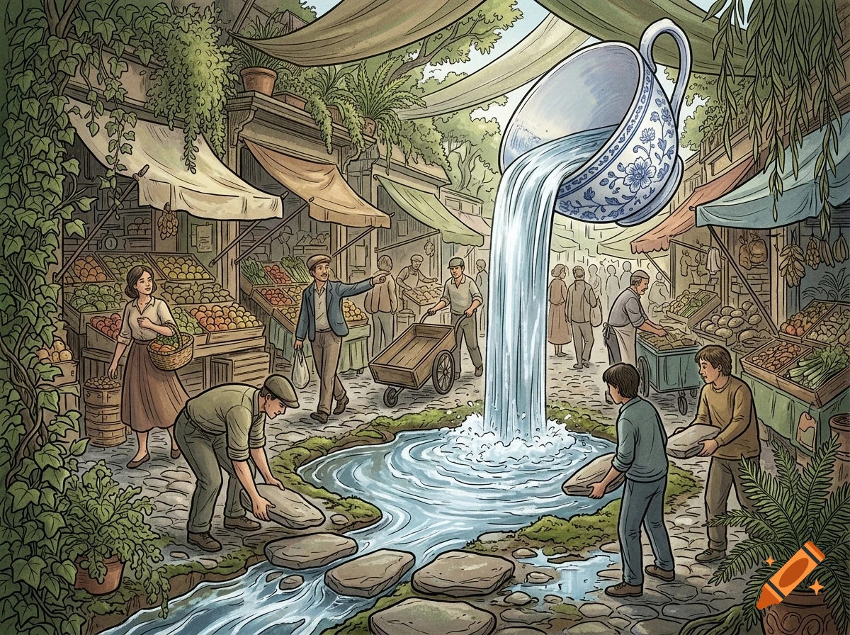 An oversized porcelain teacup floats above a bustling marketplace street, pouring a continuous stream of water into a pool that flows into a winding stream.