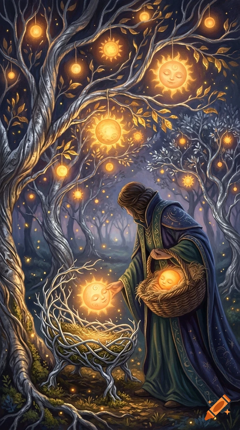 A robed figure in a glowing forest tending to glowing sun-like orbs hanging from trees and in a basket.