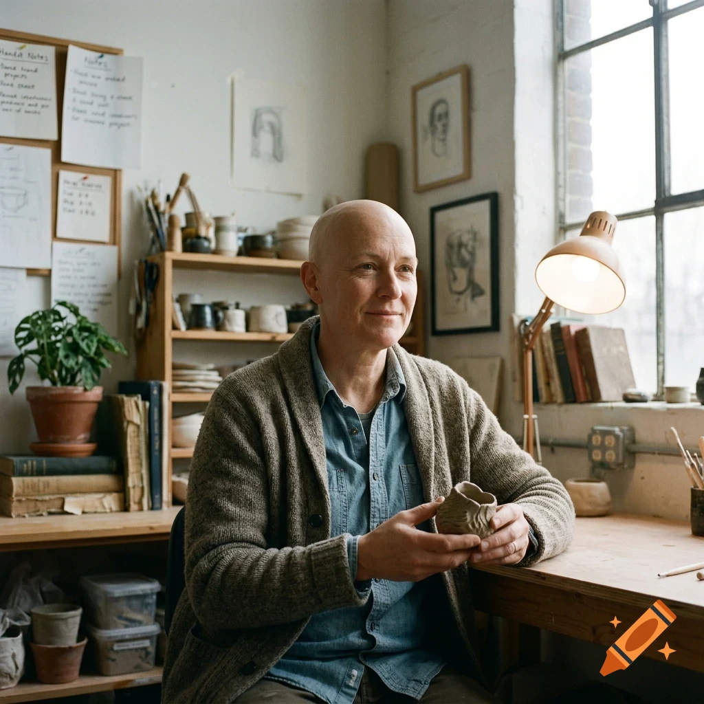 A bald person wearing a cardigan sits in a pottery studio holding a small clay vessel.