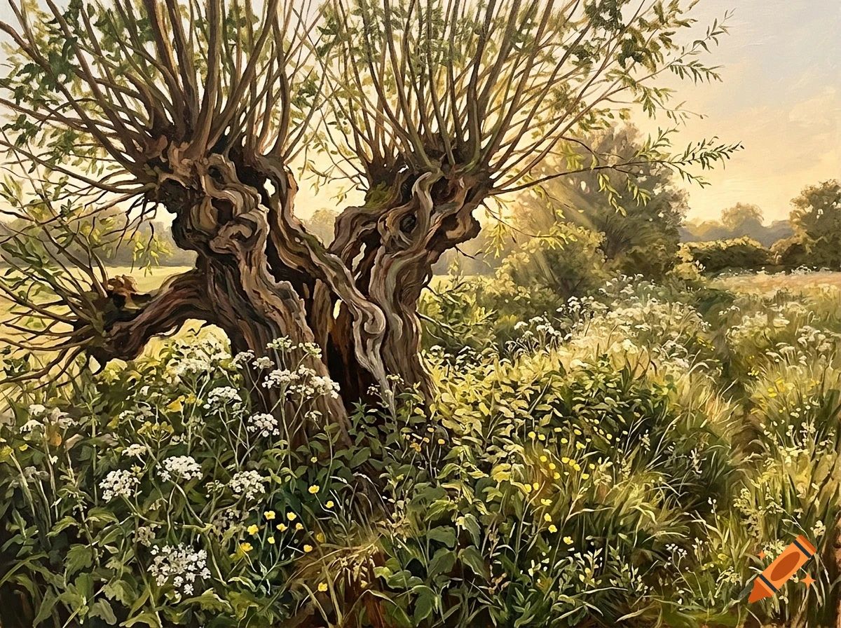 An oil painting of an old, gnarled tree surrounded by wildflowers and tall grass in a sunny meadow.