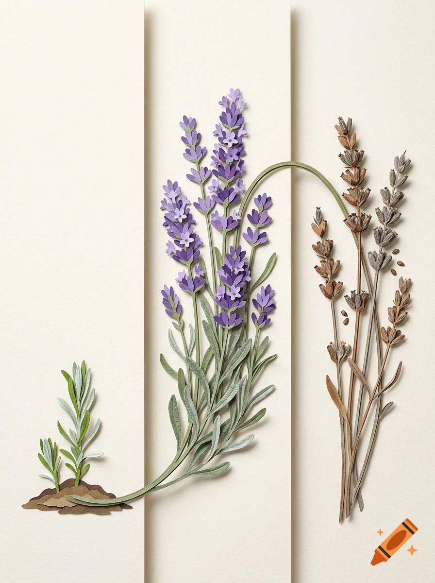 An artistic papercraft display showing lavender plants at different stages, from small sprouts in soil to a blooming purple bouquet and dried stalks.
