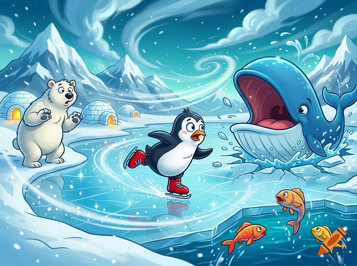 Cartoon illustration of a penguin ice skating while a blue whale emerges from the ice, with a polar bear and igloos in the snowy background.