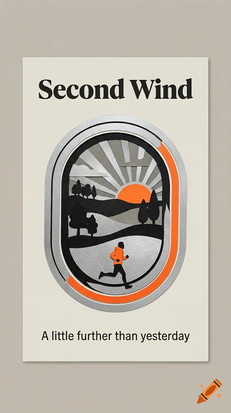 A poster with the text 'Second Wind' and 'A little further than yesterday', featuring an illustration of a person running through a landscape at sunrise.