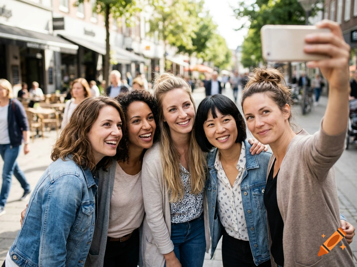 Five diverse young women smiling together while taking a selfie outdoors on a city street, photorealistic.