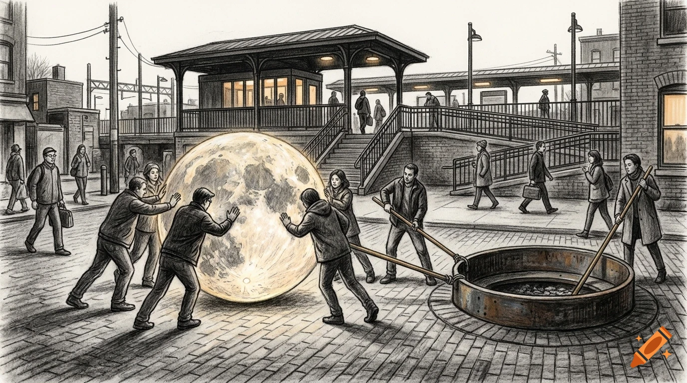 An illustrated, surreal scene of people in a city square rolling a giant glowing moon into a circular pit near a train station.