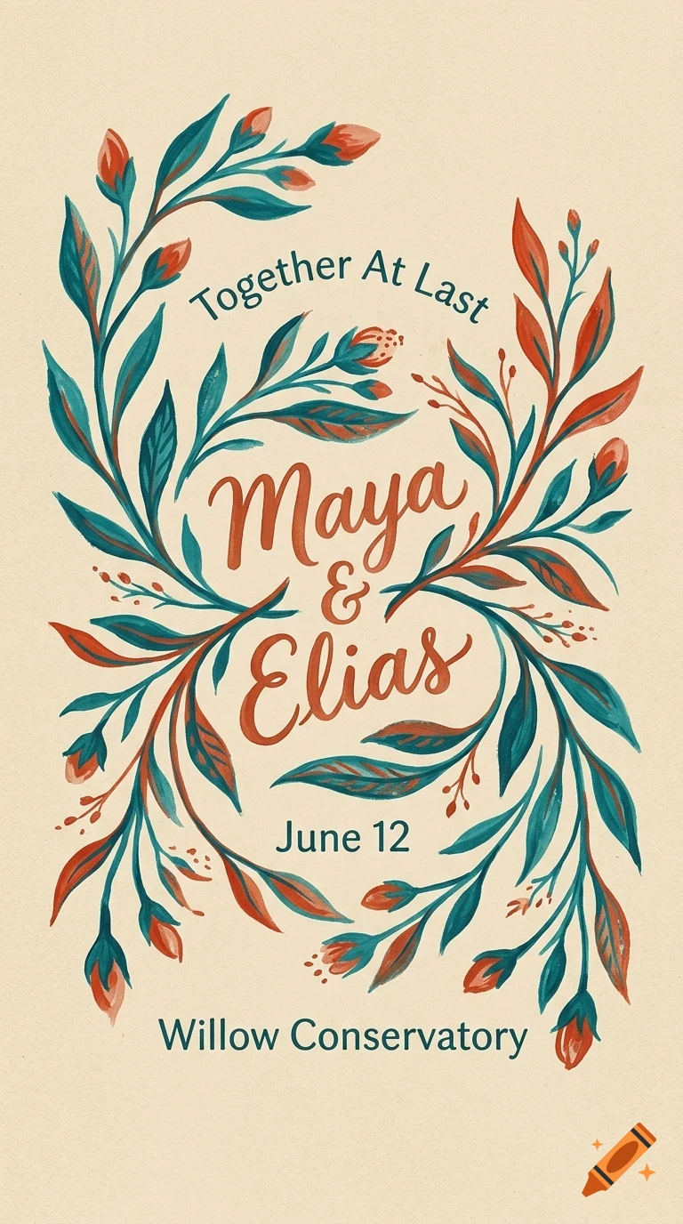An illustration with floral borders and lettering that reads Maya and Elias, Together At Last, June 12, Willow Conservatory.