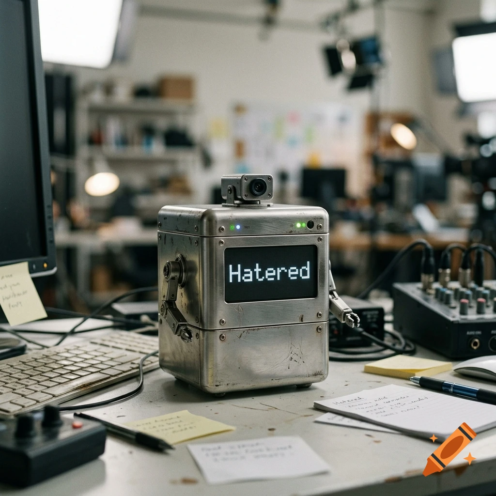 A small metallic cube robot with a digital screen displaying misspelled text, sitting on a cluttered desk in a studio setting.