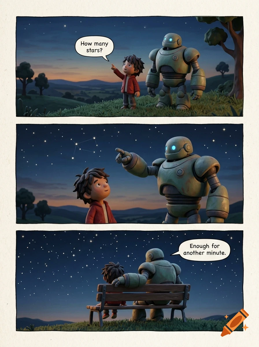 A three-panel comic illustration shows a young boy and a large robot standing on a grassy hill looking at stars, pointing, and later sitting together on a bench.