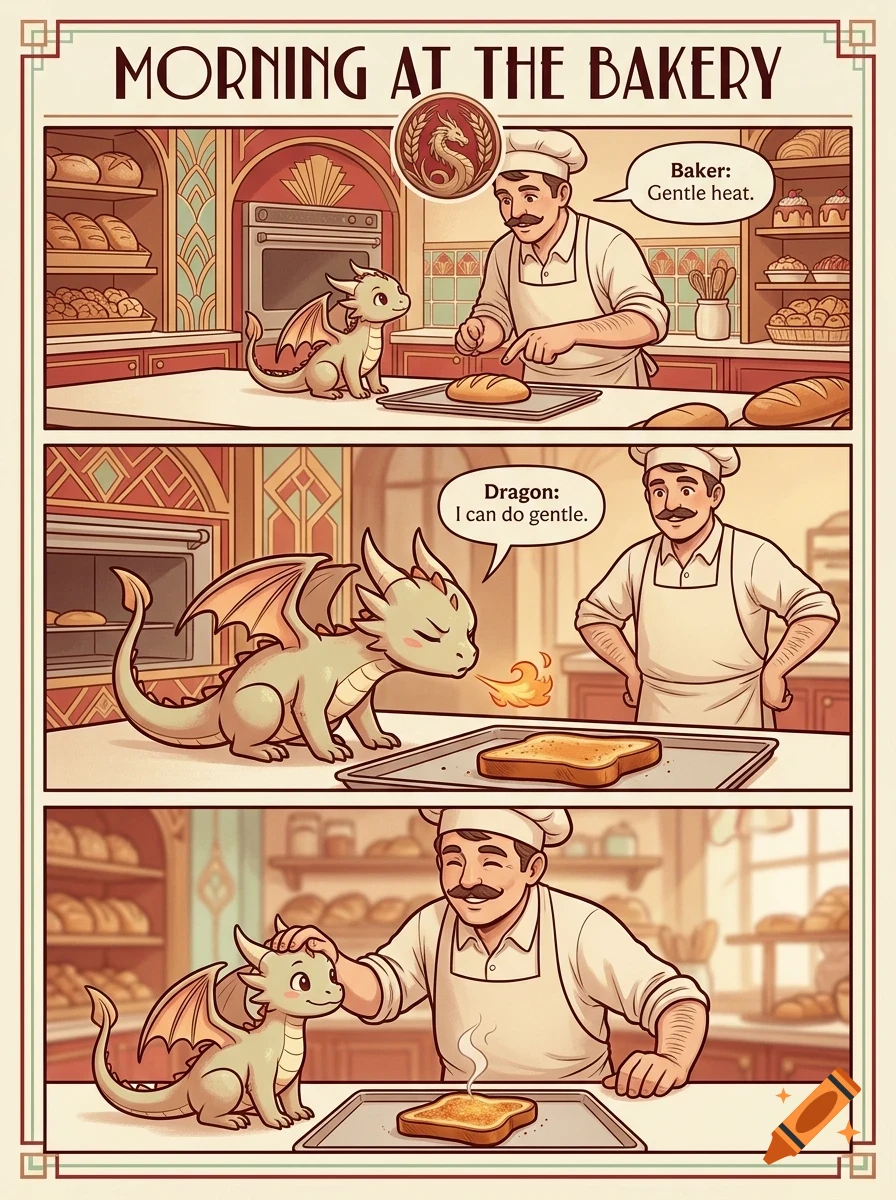A comic strip showing a baker and a small dragon in a bakery, where the dragon gently toasts a piece of bread with its fire breath.