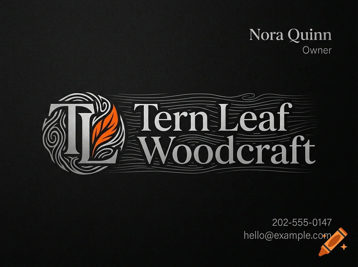 A business card design for Tern Leaf Woodcraft with a logo featuring the letters TL and an orange leaf on a black background.