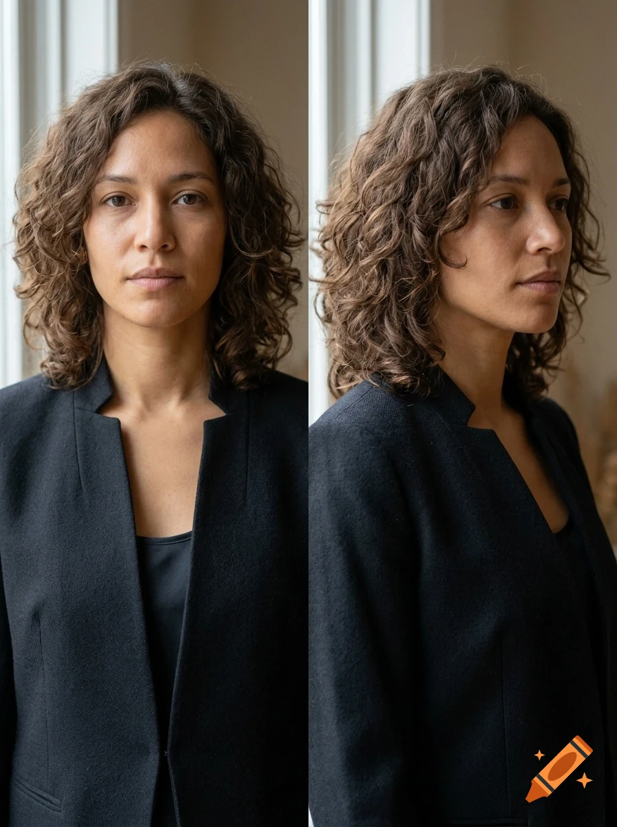 Front and profile views of a woman with curly brown hair wearing a dark jacket.