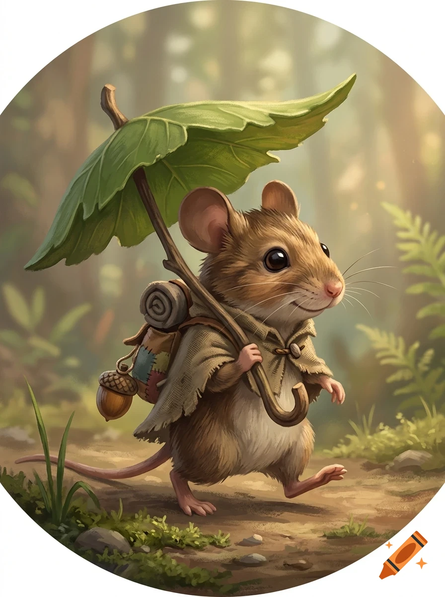 A small mouse wearing a cloak and backpack carries a leaf umbrella while walking along a forest path.