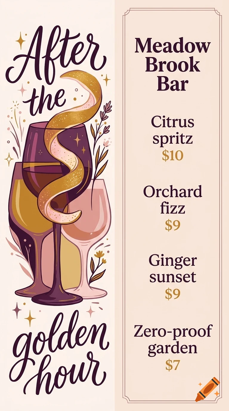 An illustrated menu for Meadow Brook Bar featuring drinks like Citrus spritz, Orchard fizz, Ginger sunset, and Zero-proof garden alongside wine glasses.