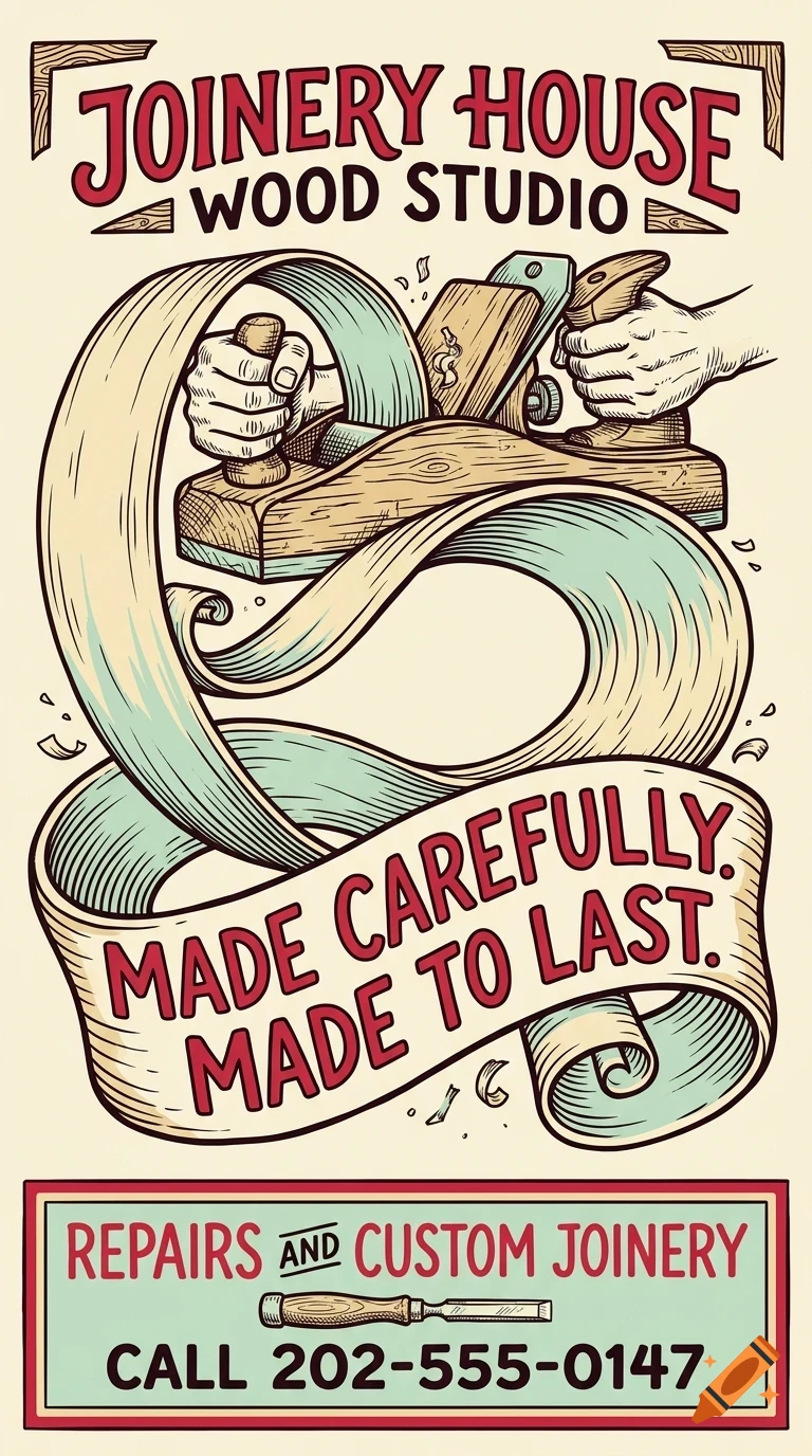 Illustration for Joinery House Wood Studio featuring a hand plane shaving wood, with the text Made carefully. Made to last.