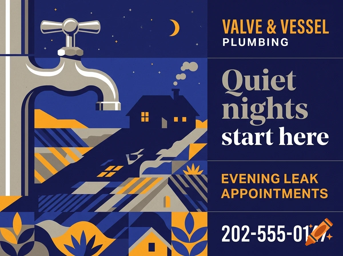An illustrative ad for Valve & Vessel Plumbing featuring a faucet, house at night, and text reading Quiet nights start here.