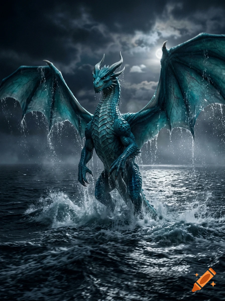 A turquoise dragon with large wings bursting out of a stormy ocean at night under a full moon.