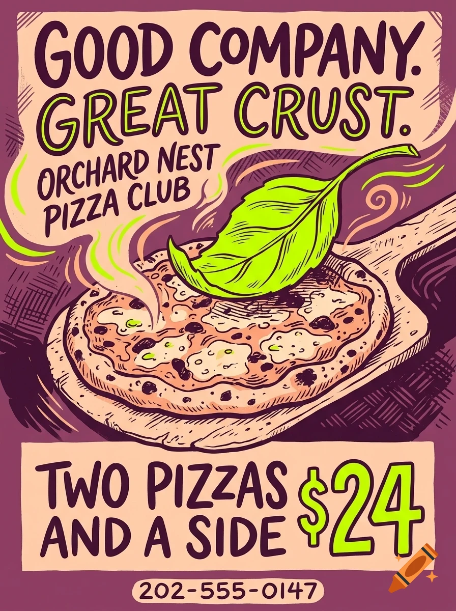 An illustrated advertisement for Orchard Nest Pizza Club showing a pizza on a peel with a large leaf on top, accompanied by text.