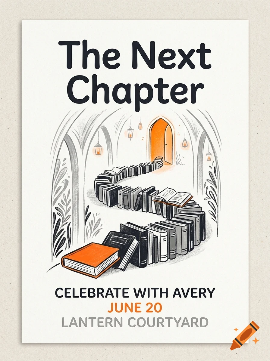 An invitation design with the text The Next Chapter and a winding path of books leading to a lit doorway in a hall with arches and hanging lanterns.