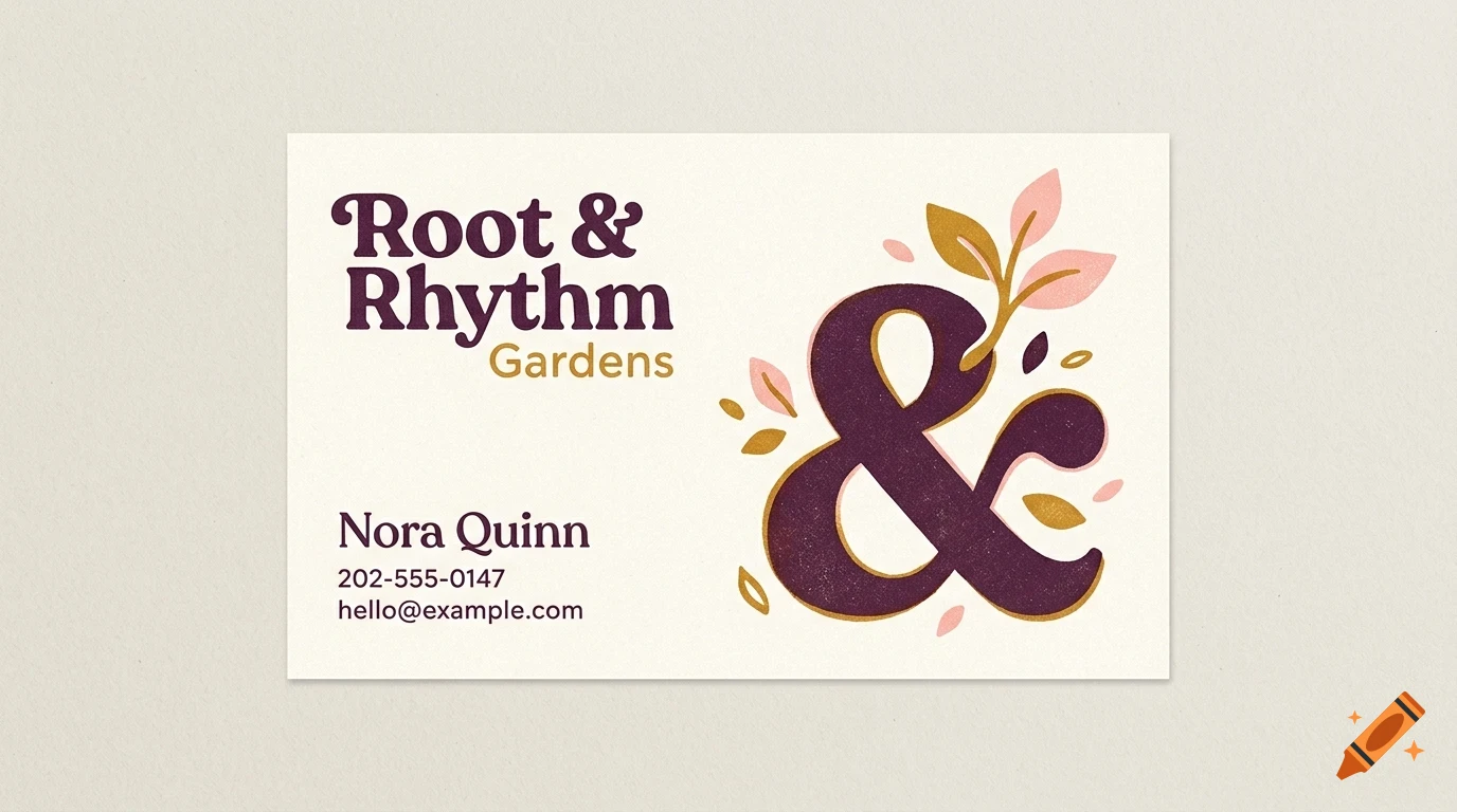 A business card featuring the text Root & Rhythm Gardens, an ampersand graphic intertwined with leaves, and contact details for Nora Quinn.