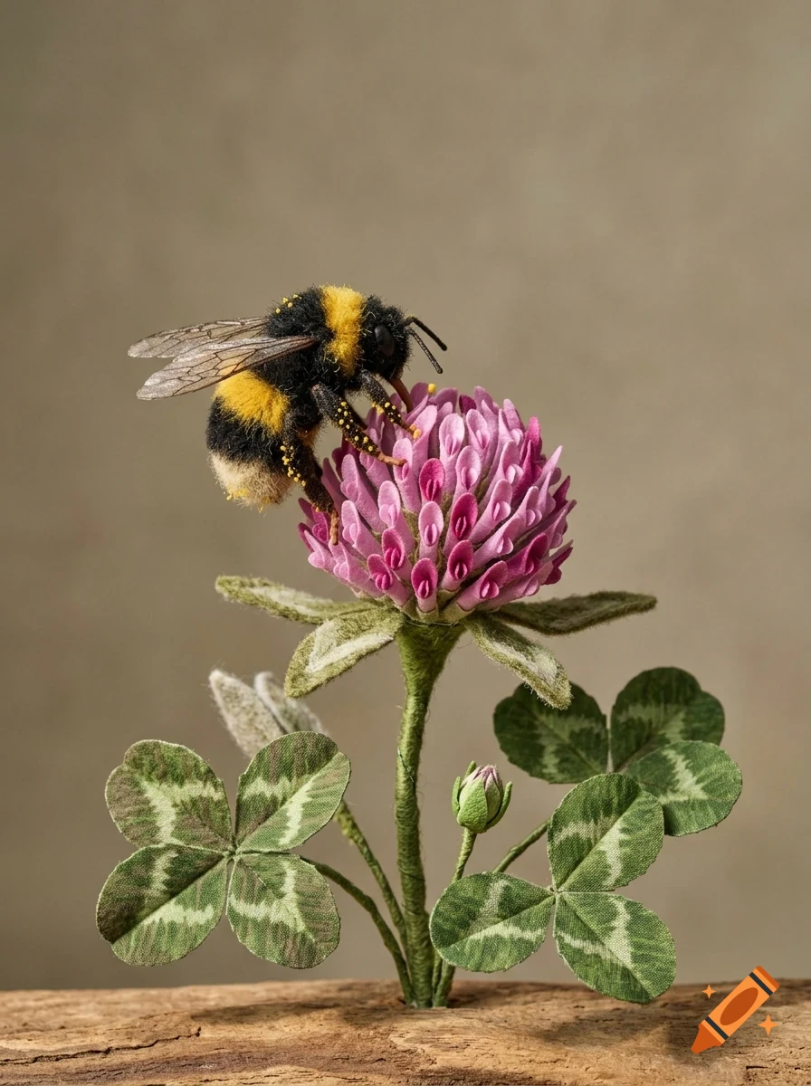 A felted bumblebee perched on a pink clover flower with green leaves against a neutral background.