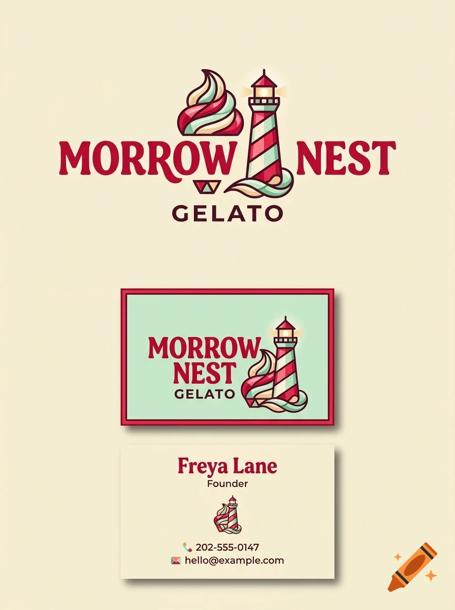 Branding design for Morrow Nest Gelato featuring a lighthouse and ice cream swirl graphic, including a business card layout with contact details.