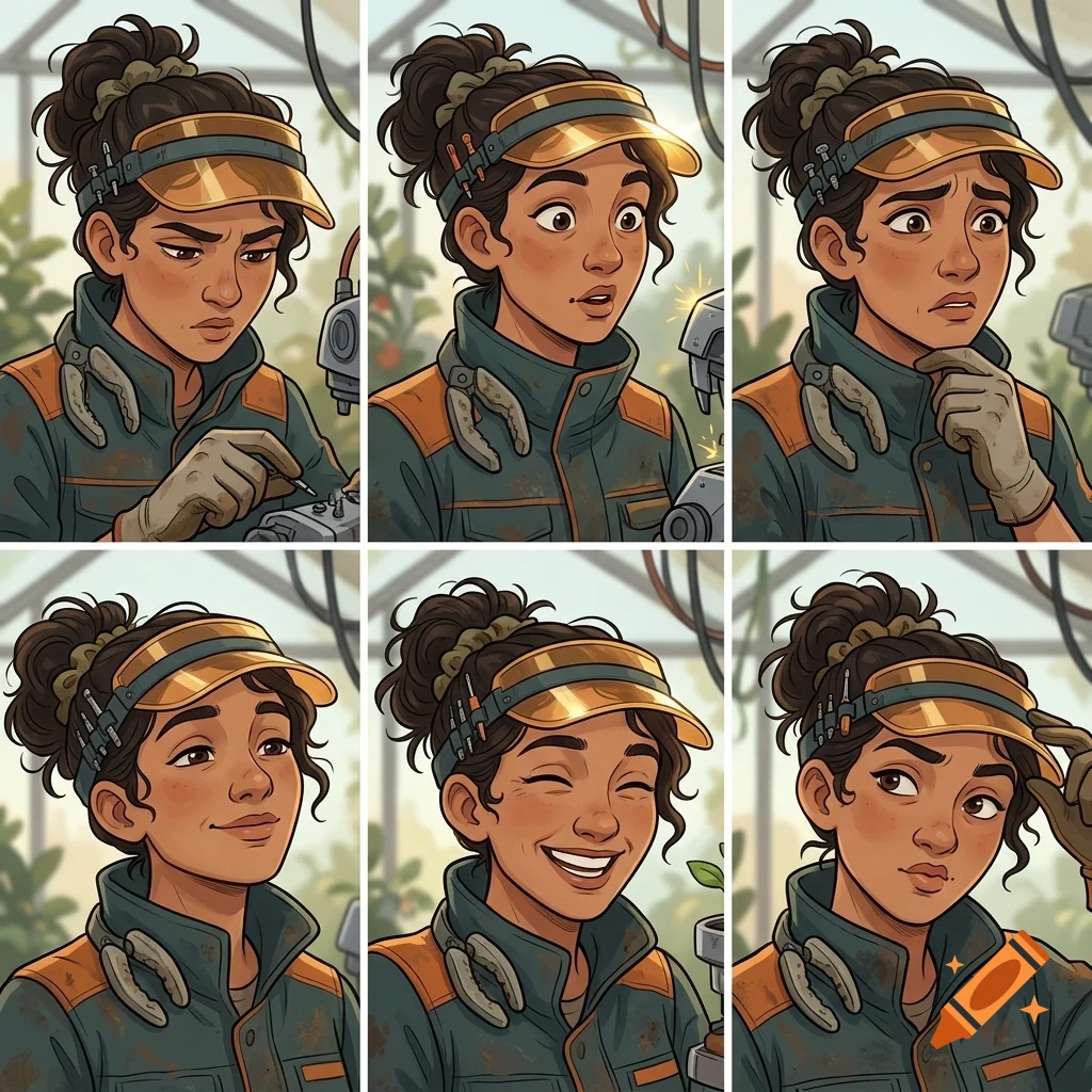 A comic strip with six panels showing close-up views of a young female mechanic with brown hair in a ponytail, wearing a visor and work jumpsuit, displaying various facial expressions.