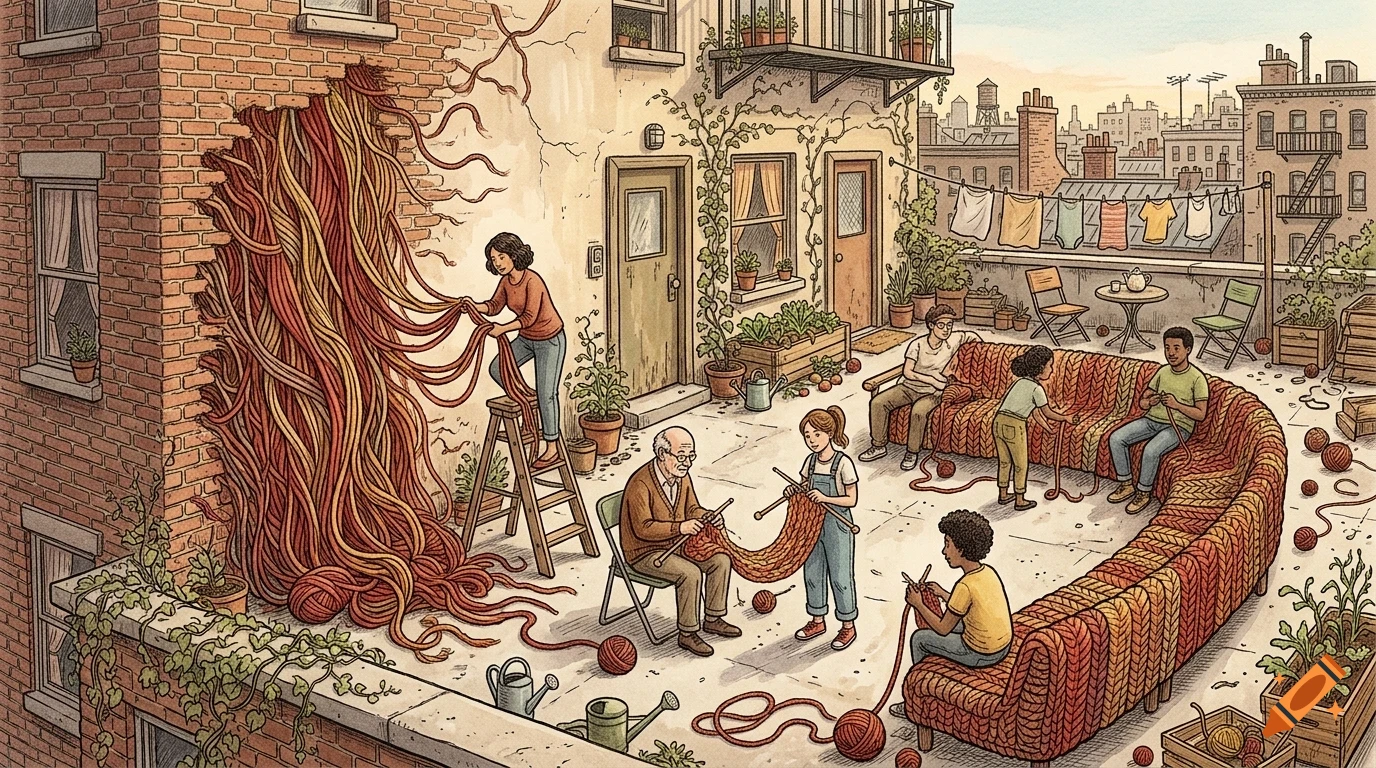 An illustrated rooftop terrace where people knit a massive red and yellow yarn structure flowing from a hole in a brick wall and covering a large sofa.