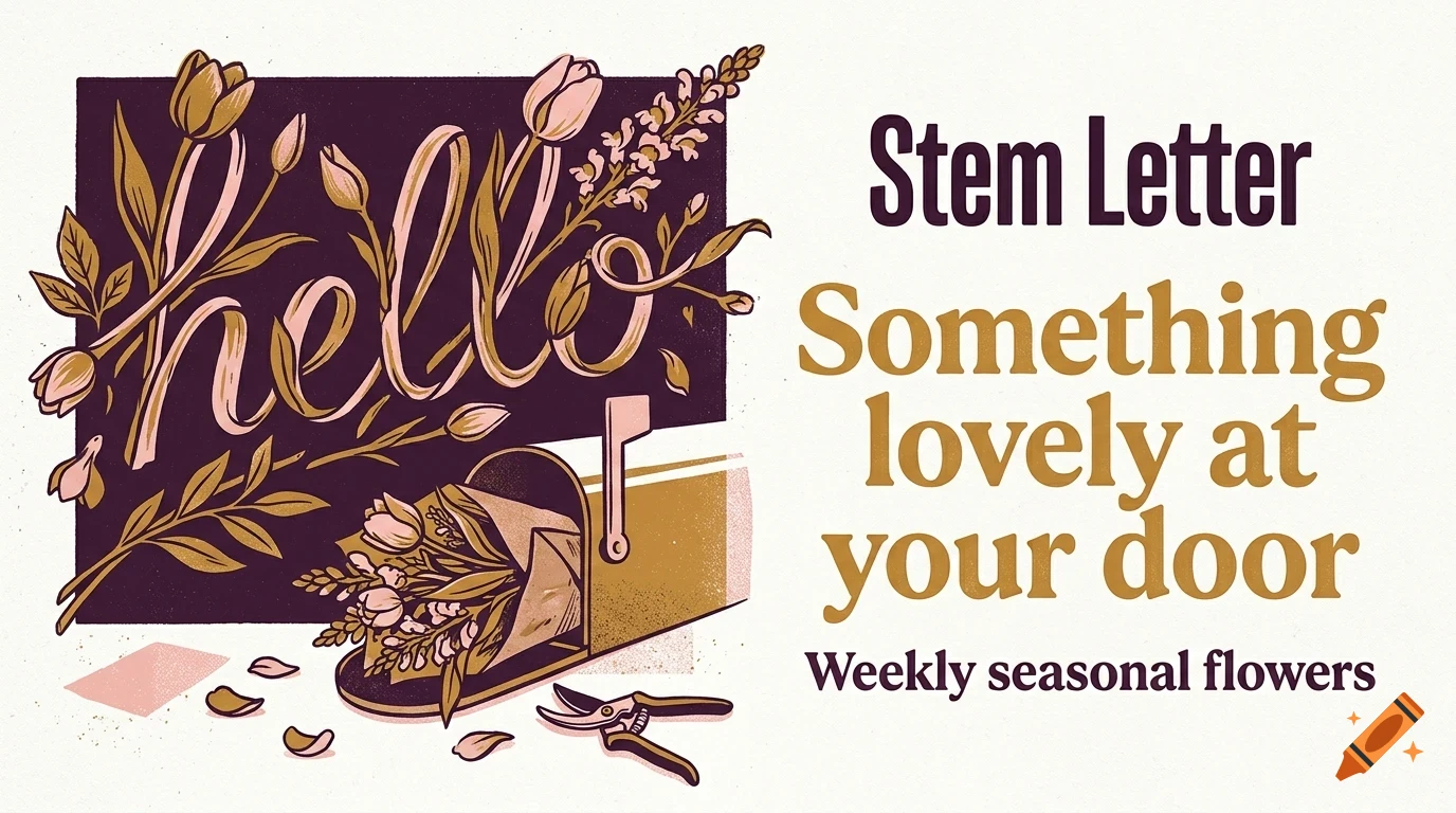 An illustrated graphic with the text 'Stem Letter', 'Something lovely at your door', and 'Weekly seasonal flowers', featuring a mailbox filled with flowers and the word 'hello'.