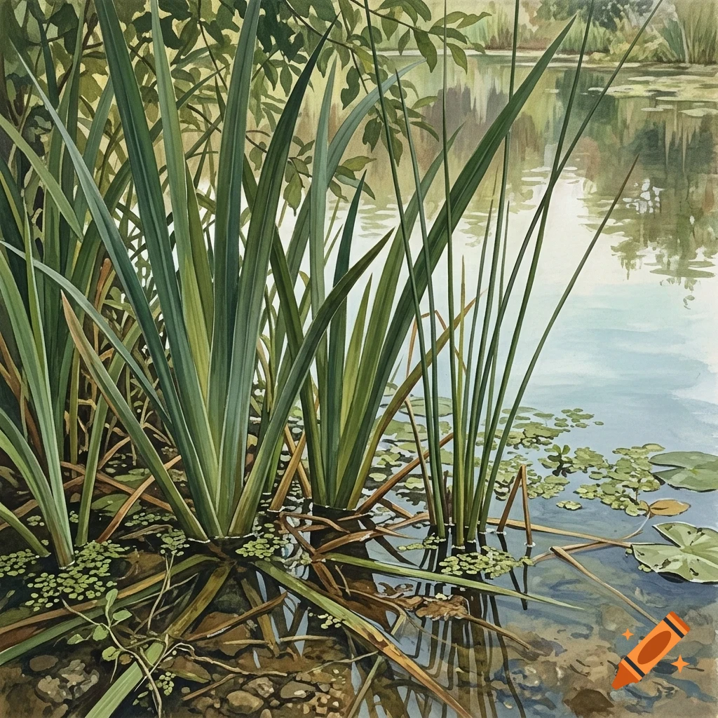 A watercolor painting of tall green reeds and aquatic plants growing by the edge of a calm lake.