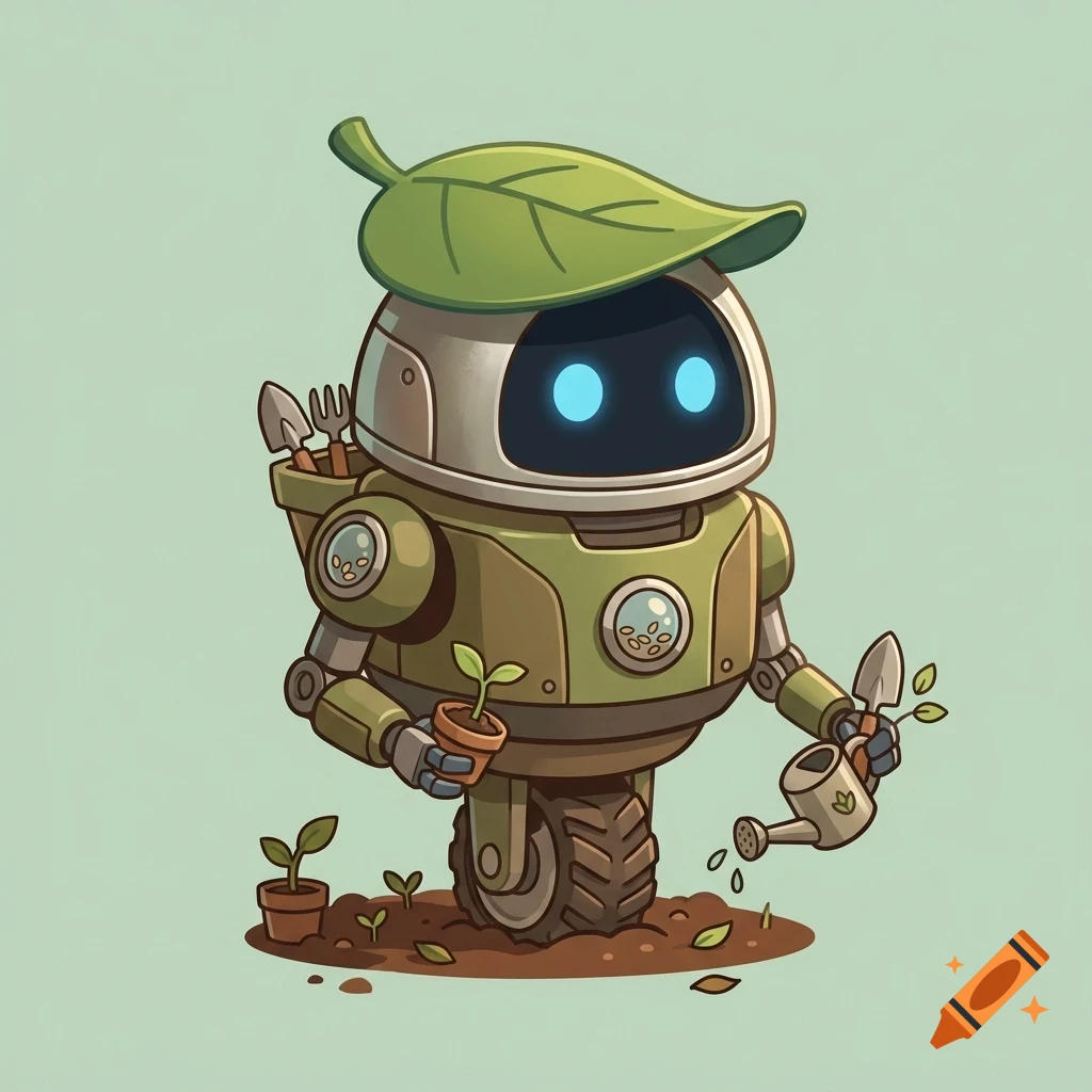 A cute green robot with glowing blue eyes, wearing a large leaf as a hat, holding a small potted plant and watering can while gardening.