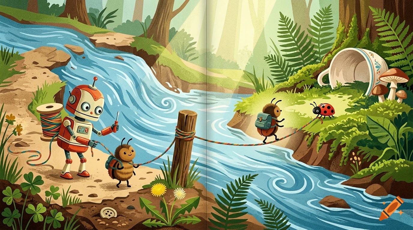 An illustrated scene featuring a small robot and bugs pulling a string across a stream in a forest.