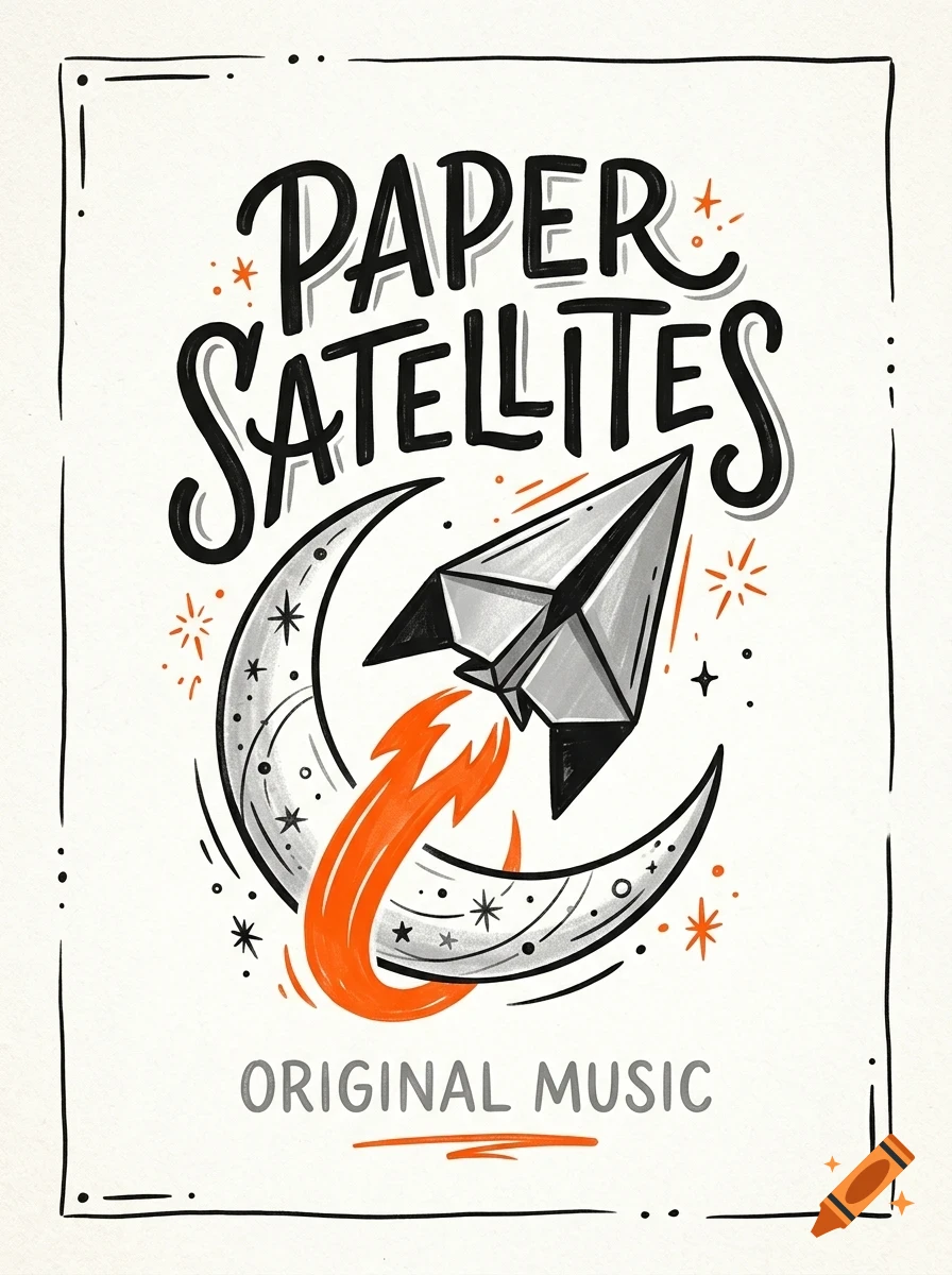 An illustrated poster with the text PAPER SATELLITES above a paper airplane flying past a crescent moon, and ORIGINAL MUSIC at the bottom.