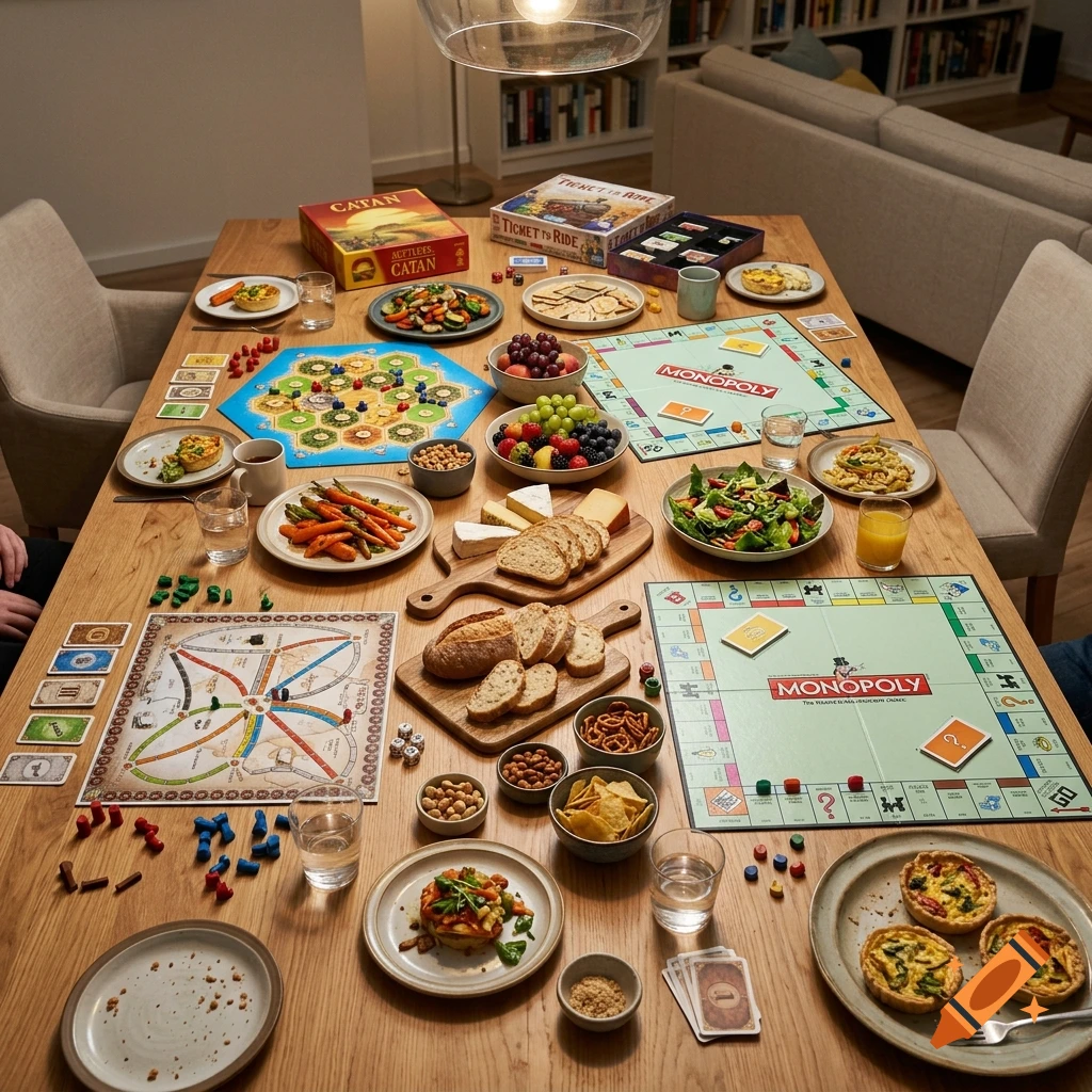 Photorealistic overhead view of a large wooden dining table filled with board games and various dishes.