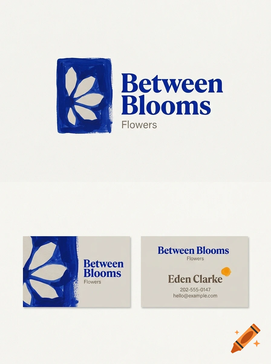 Branding design mockup with blue flower logo and the text Between Blooms Flowers on business cards.