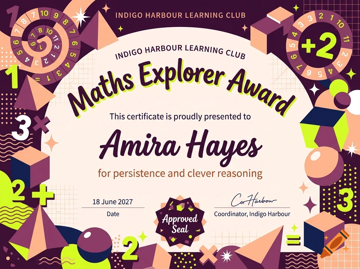 An illustrated Maths Explorer Award certificate featuring geometric shapes, numbers, and lettering for Amira Hayes.