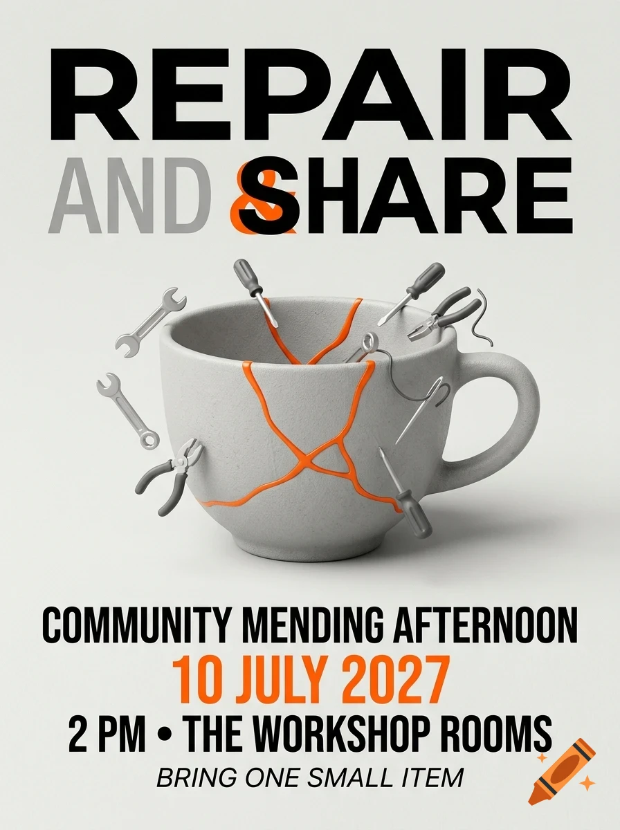 A poster featuring the text 'REPAIR AND SHARE' and 'COMMUNITY MENDING AFTERNOON', with an image of a cracked mug being mended by tools.