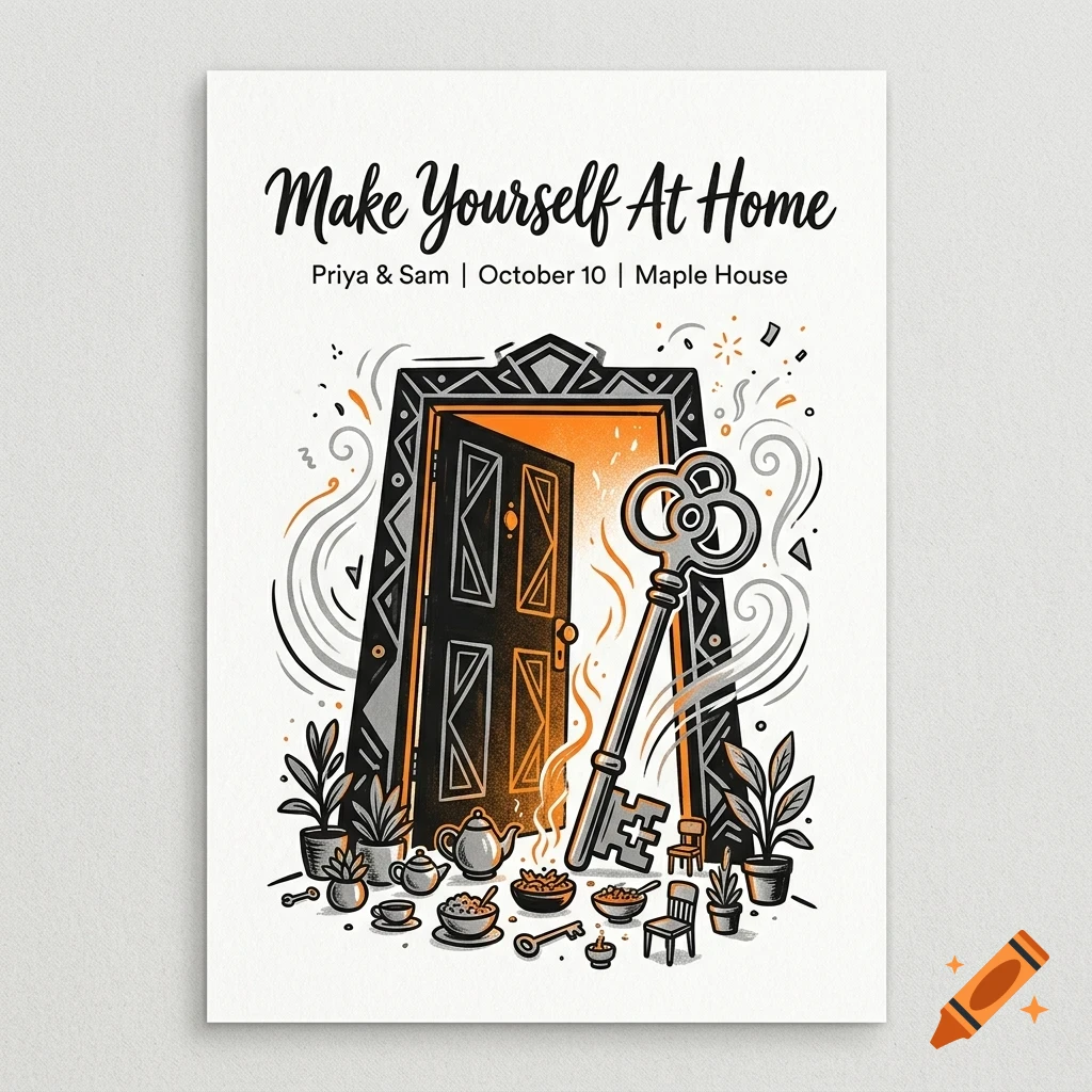 An illustrated poster with the text Make Yourself At Home and Priya & Sam | October 10 | Maple House, featuring an open door with a glowing orange interior, a large key, small furniture, and potted plants.