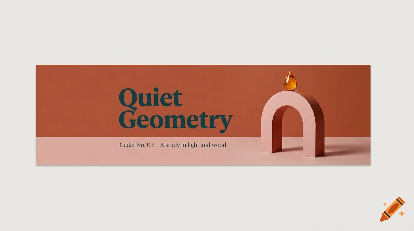 An abstract 3D design showing a pink arch shape with a golden drop on top, accompanied by the text Quiet Geometry against a red and pink backdrop.